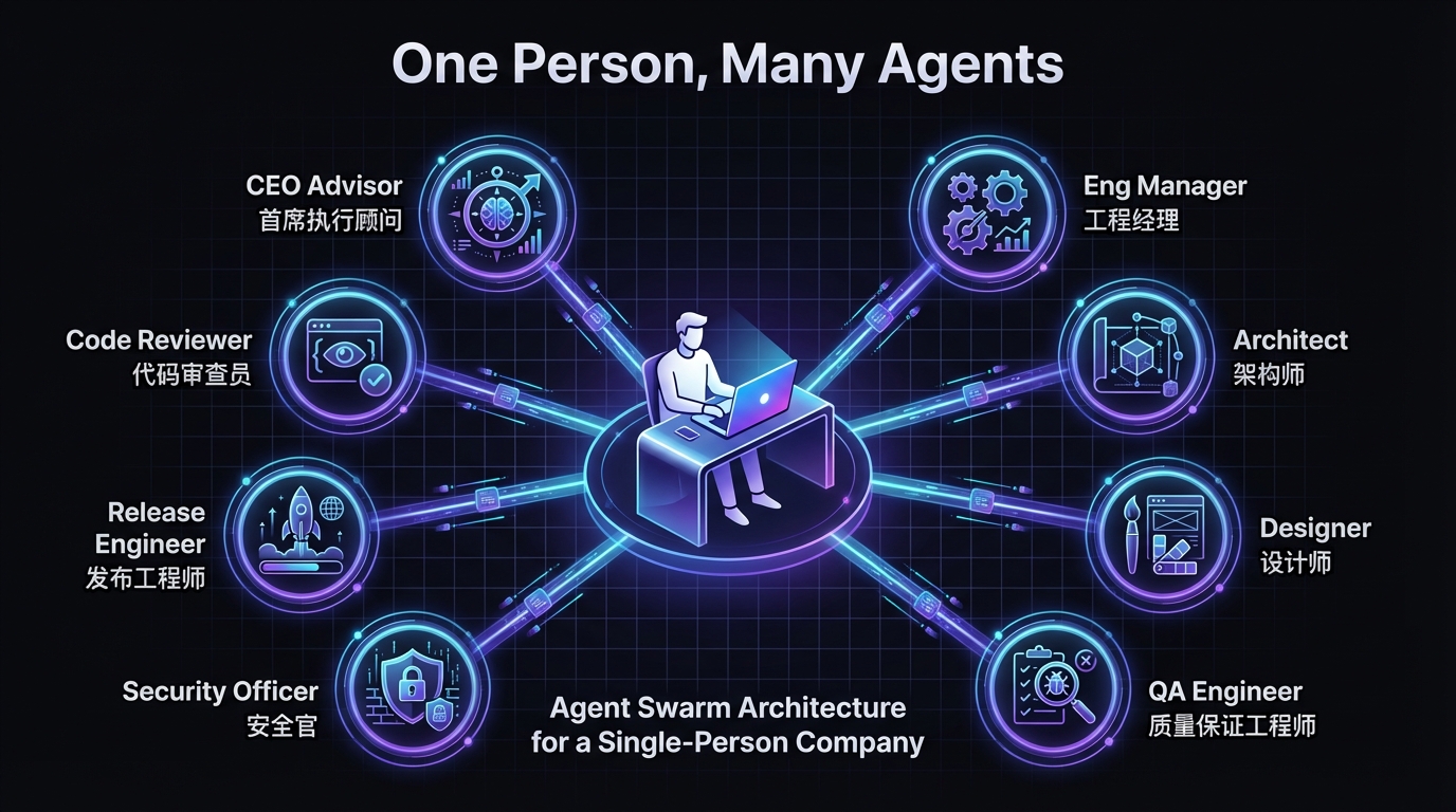 Agent Swarm 概念——一个人，多个专业 AI Agent，覆盖完整的软件开发团队角色