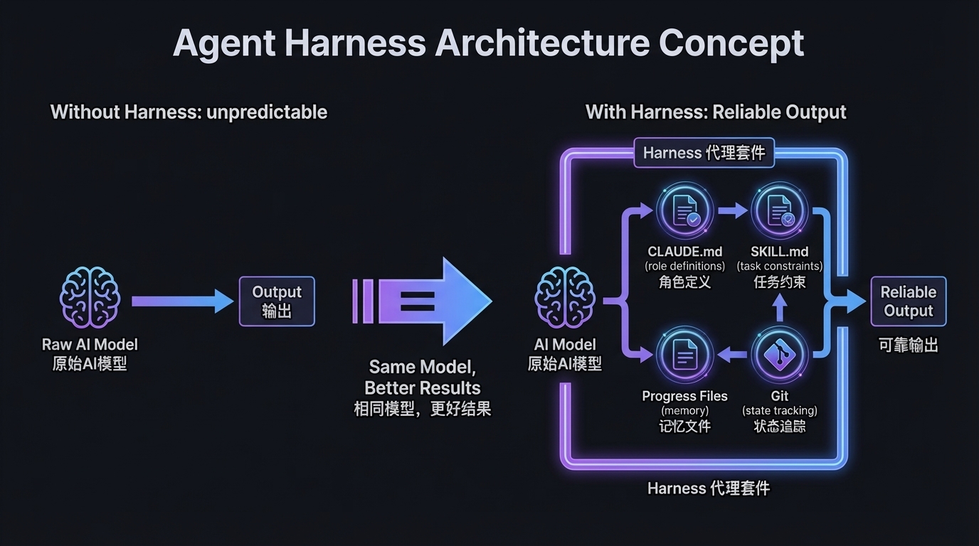 Agent Harness 架构概念——同一个 AI 模型，配上 Harness（角色定义 + 任务约束 + 状态追踪），产出从不可预测变为稳定可靠