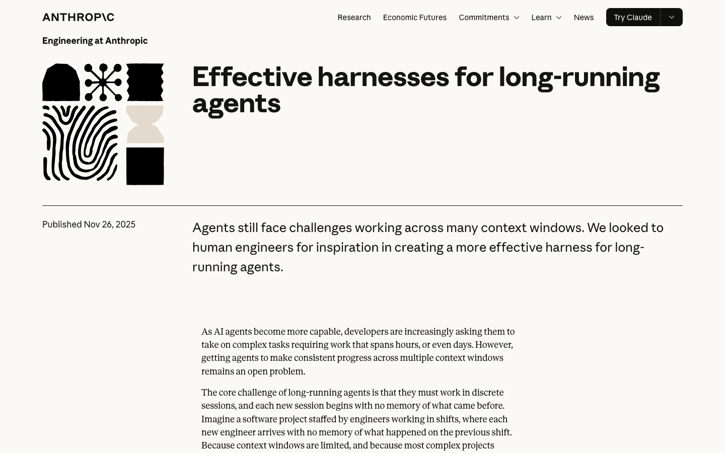 Anthropic 工程博客《Effective Harnesses for Long-Running Agents》——定义了 Agent Harness 架构的核心范式