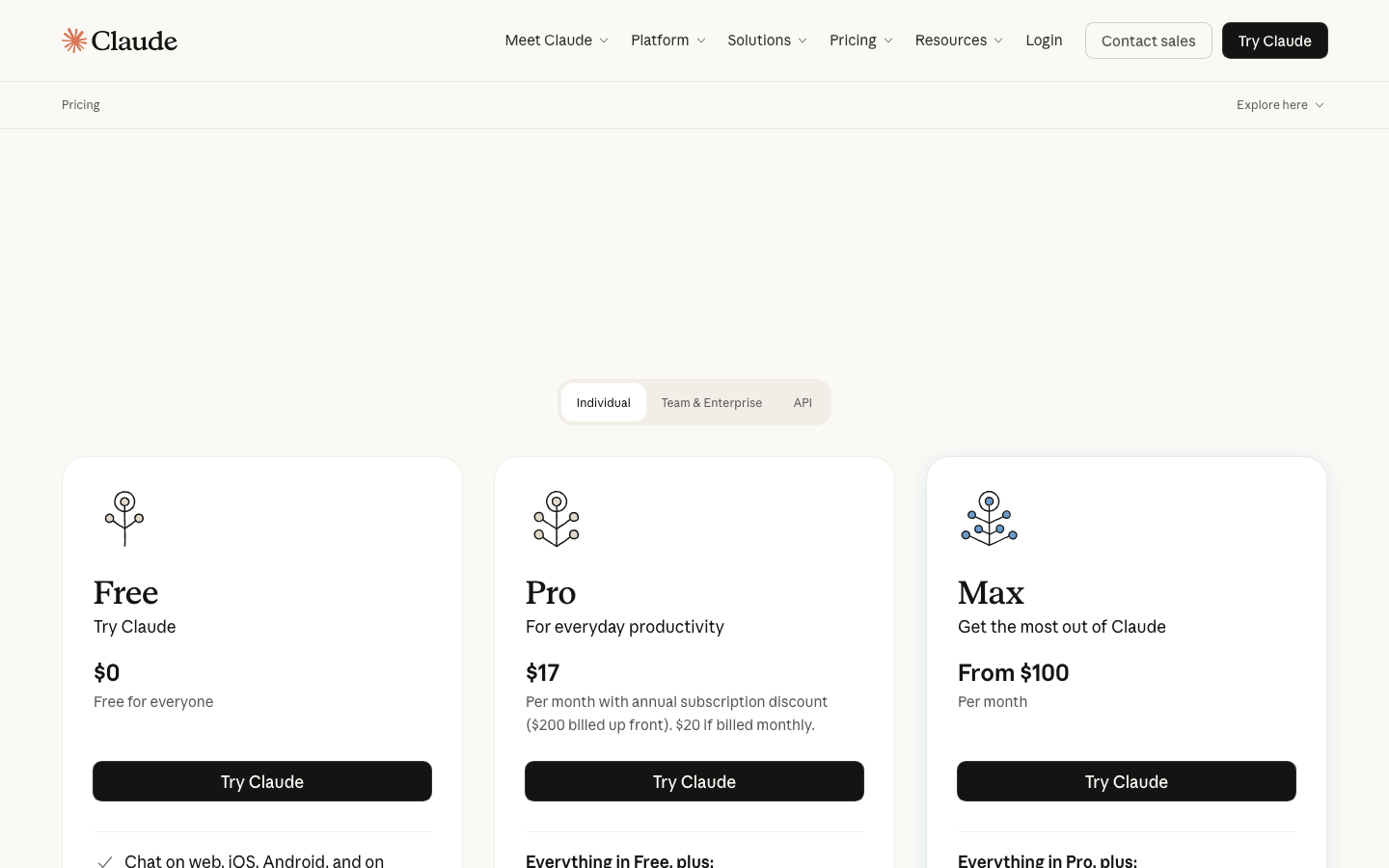 Anthropic Claude 定价页面——Pro $20 / Max $100-200 / API 按量