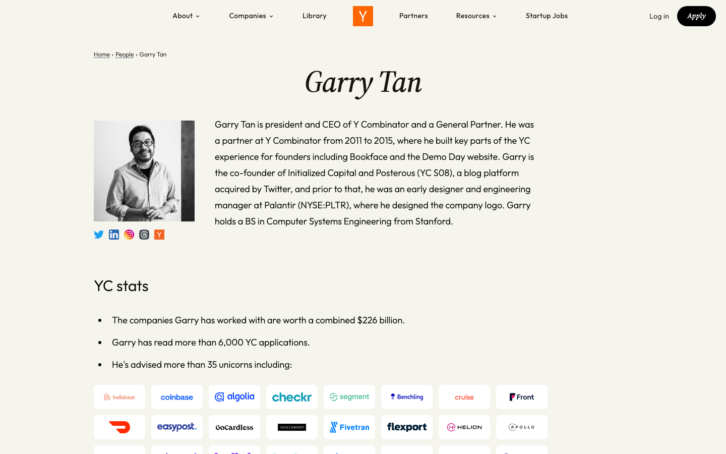 Garry Tan 的 Y Combinator 官方介绍页——总裁兼 CEO，斯坦福计算机系统工程学士
