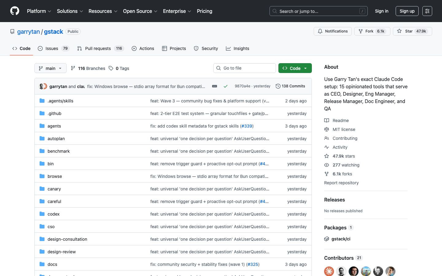 GStack GitHub 仓库首页——47.9k 星、MIT 开源协议、28 个专业角色