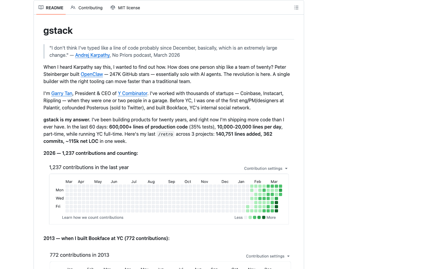 GStack README——Garry Tan 的自述：GStack 是他作为 YC CEO 运营多个产品的核心工作方式