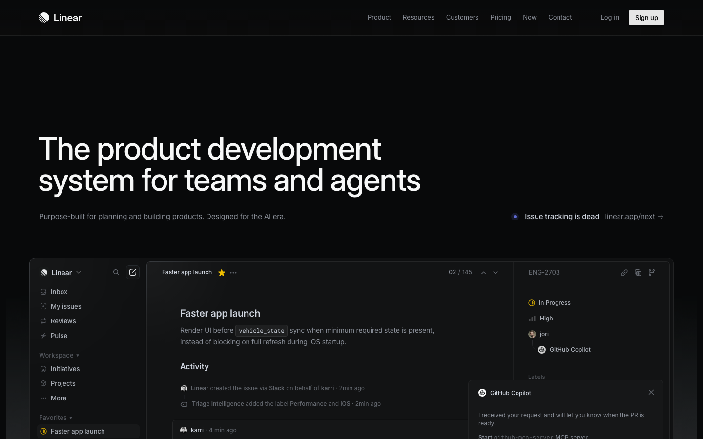 Linear 产品首页——我们的 Landing Page 视觉风格参考：简洁、现代、深色主题