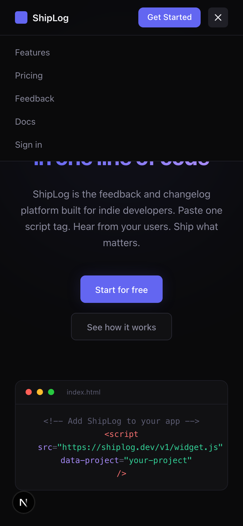 点击汉堡菜单后——展开完整导航链接（Features、Pricing、Feedback、Docs、Sign in）