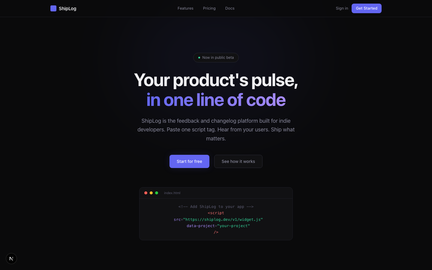 ShipLog Landing Page 最终效果——Linear 级深色主题，7 个组件区域，从 Hero 到页脚的完整产品页面