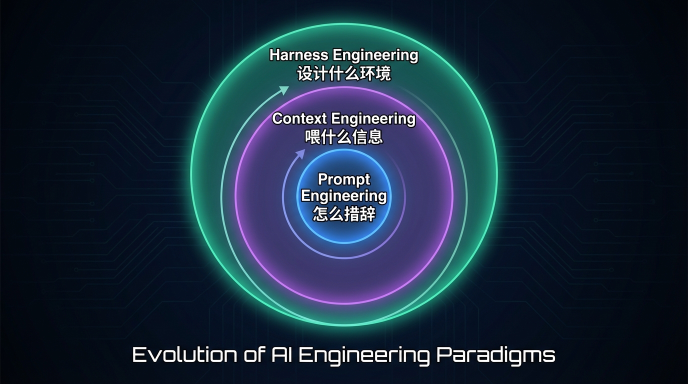 三个时代的嵌套关系:Prompt Engineering ⊂ Context Engineering ⊂ Harness Engineering