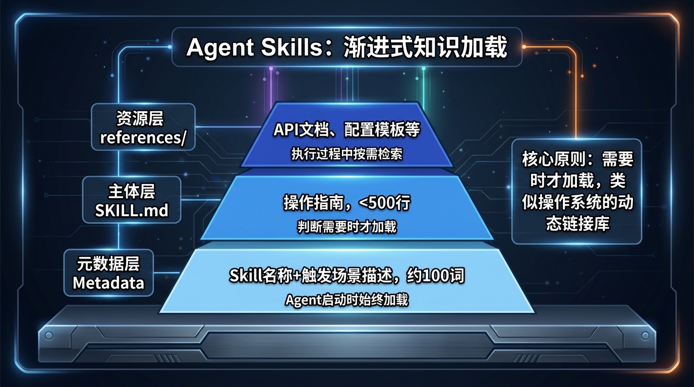 Agent Skills 渐进式知识加载架构——元数据层、主体层、资源层按需加载
