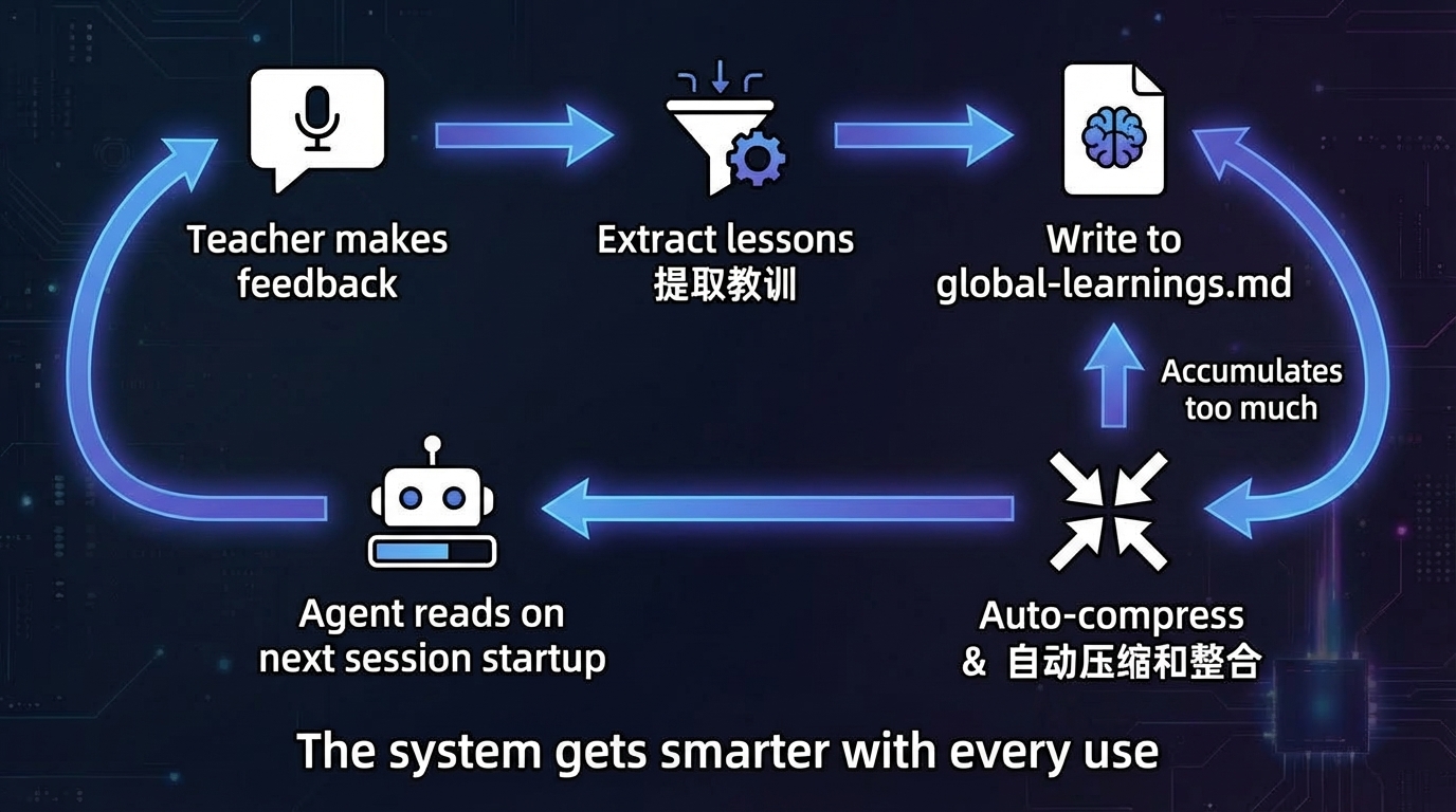 经验沉淀反馈循环——九天老师反馈→提炼经验→写入 global-learnings.md→Agent 自动读取→积累后自动压缩→越用越聪明
