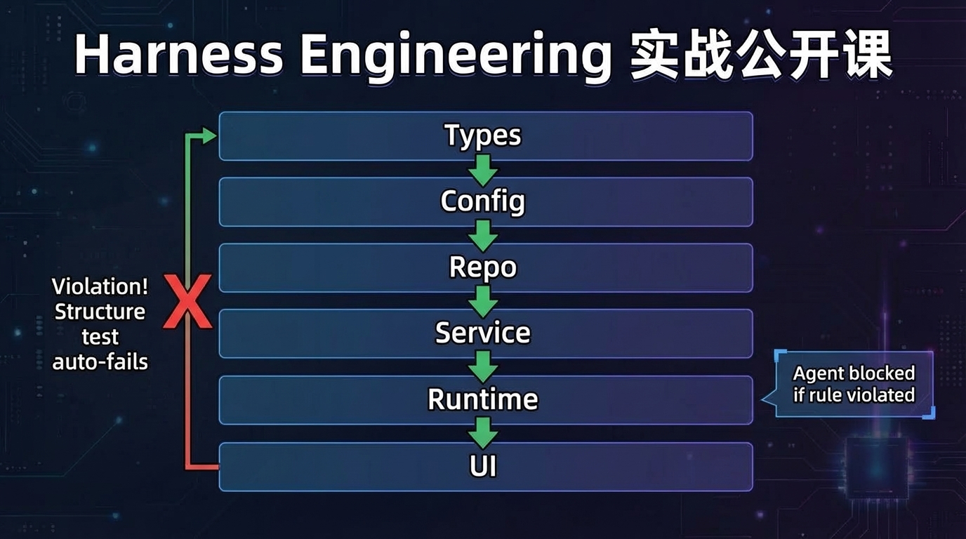 OpenAI 六层分级约束体系——Types→Config→Repo→Service→Runtime→UI,每层只能依赖上层,违反则自动阻止