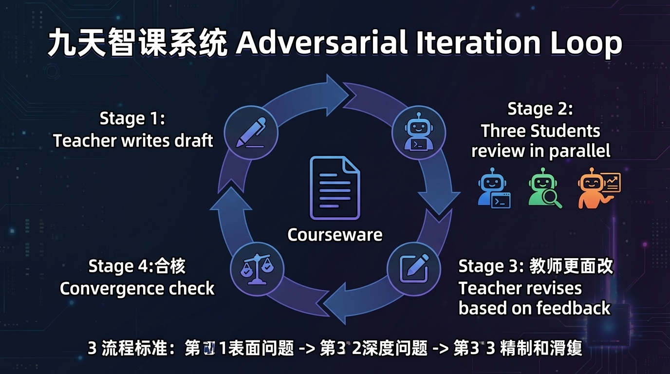 九天智课系统对抗迭代循环——Teacher 写初稿→三个 Student 并行质疑→Teacher 修改→3 轮收敛
